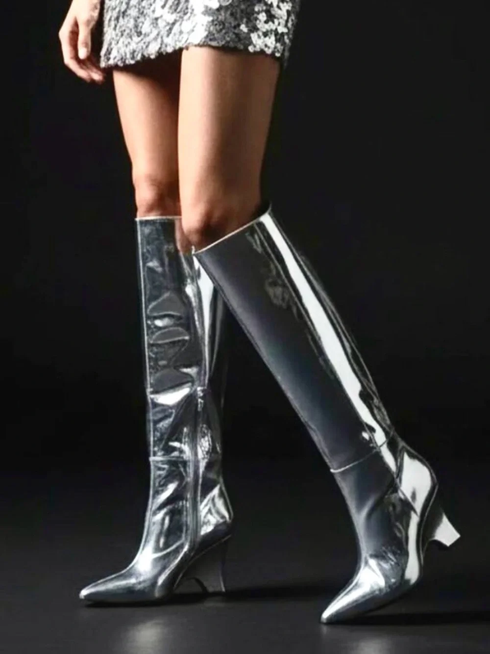 Sam Edelman Vance 2 Knee High Boots Soft Silver Metallic Pointed Toe Block Heel